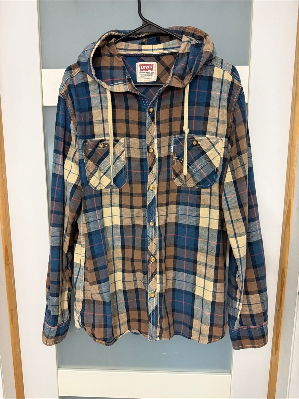 Levi's Blue Brown Cream Plaid Hooded Flannel Shirt